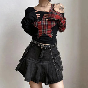 Grunge Plaid Star Patch Top