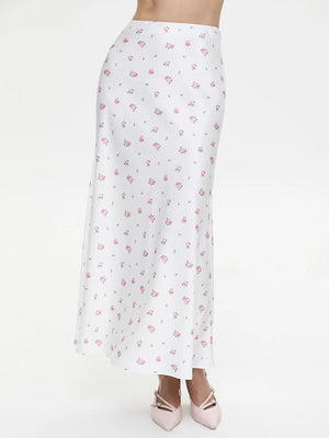 Soft Girl Floral Satin Midi Skirt