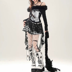 Corset Print Fur Off-Shoulder Top