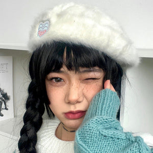 Cotton Candy Fluffy Beret with Heart Patch