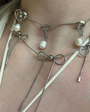 Coquette Aesthetic Silver Bows Choker