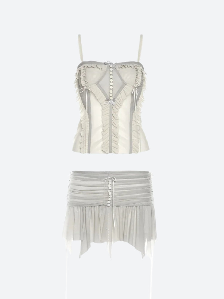 Fairycore Mesh Ruffled Top & Mini Skirt Two Piece Set