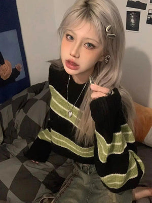 Grunge Green Striped Crop Sweater