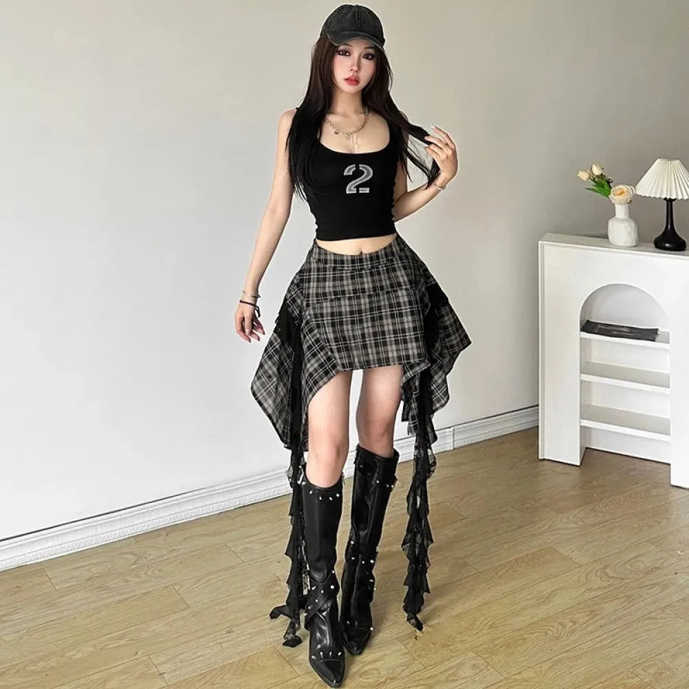 Grunge Plaid Asymmetric Mini Skirt