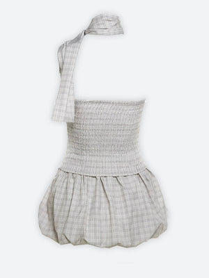 Plaid Ruched Top & Balloon Mini Skirt Two Piece Set