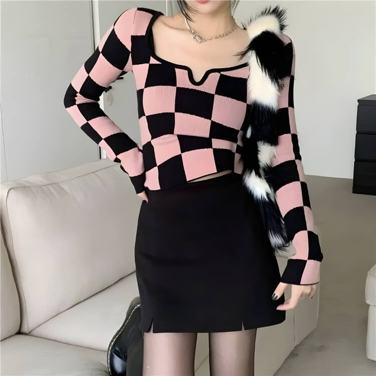 Y2K Checkered Square Neck Top