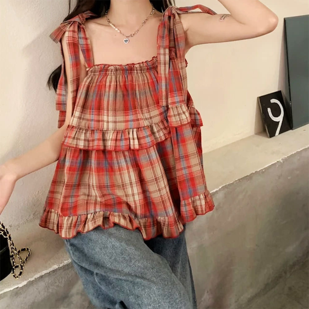 Grandma Aesthetic Plaid Bow-Tie Top