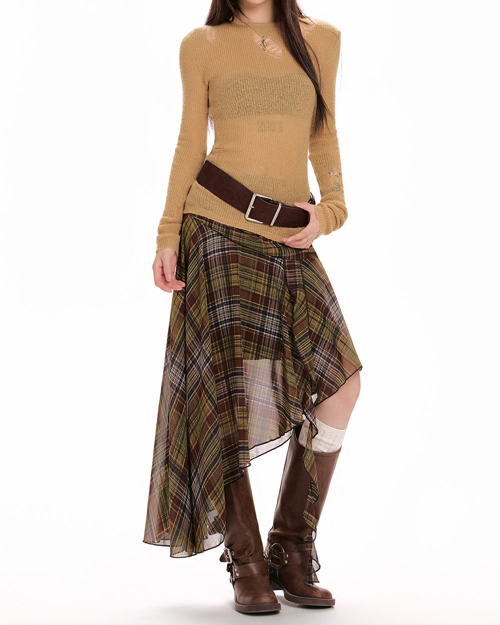 Asymmetrical Plaid Midi Skirt