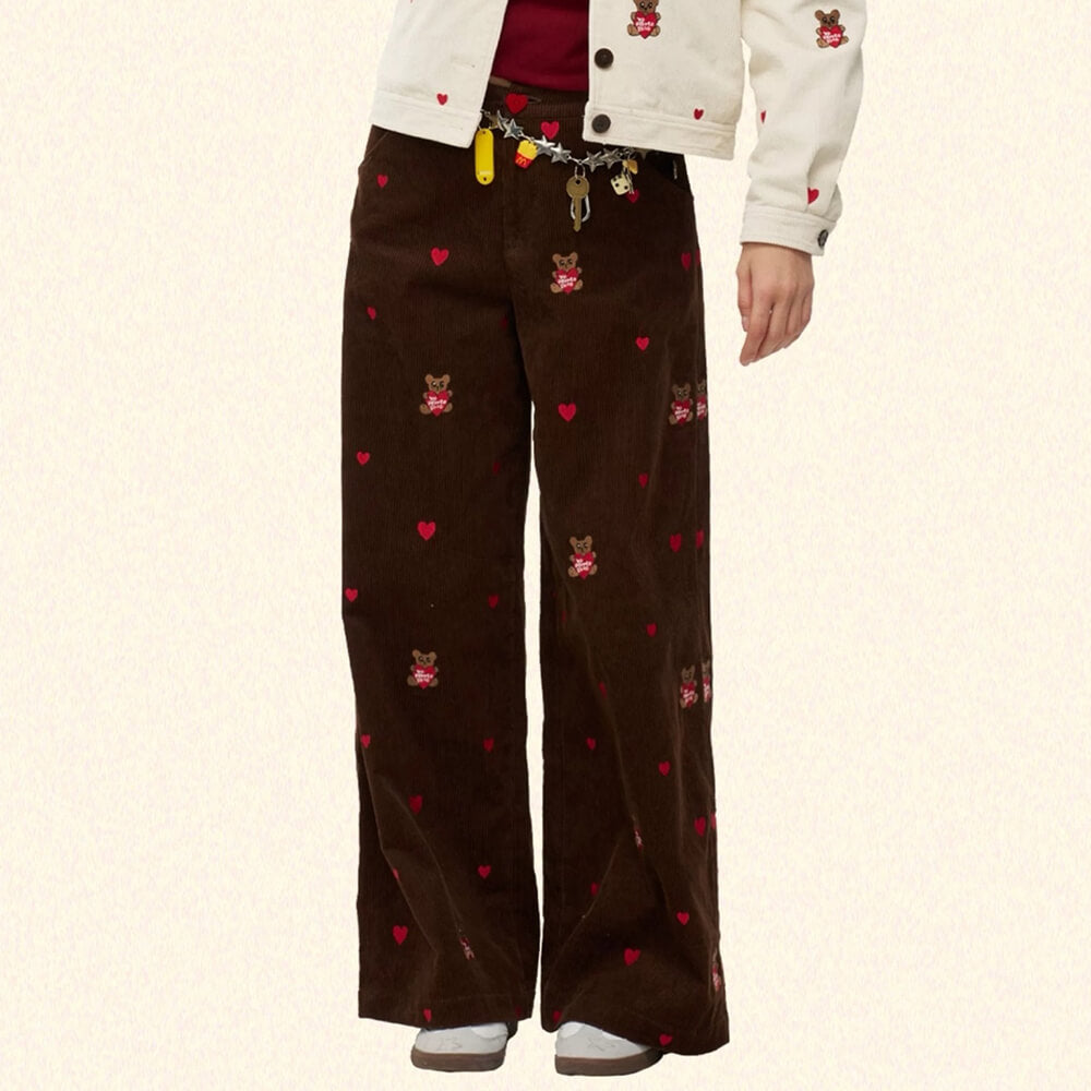 Bear Embroidery Cord Pants