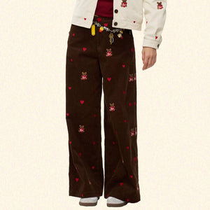 Bear Embroidery Cord Pants
