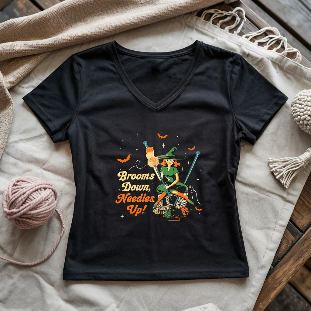 Broom Down, Needles Up Lady V-neck