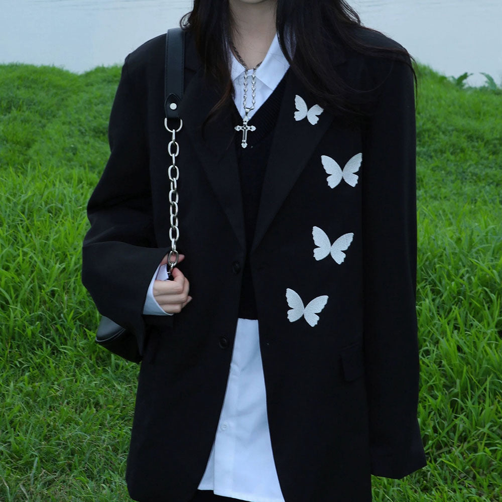 Butterfly Embroidery Black Blazer