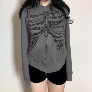 Chain Skeleton Print Grunge Hoodie