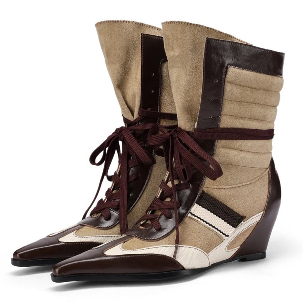 Coffee & Cream Pointed Toe Wedge Boots