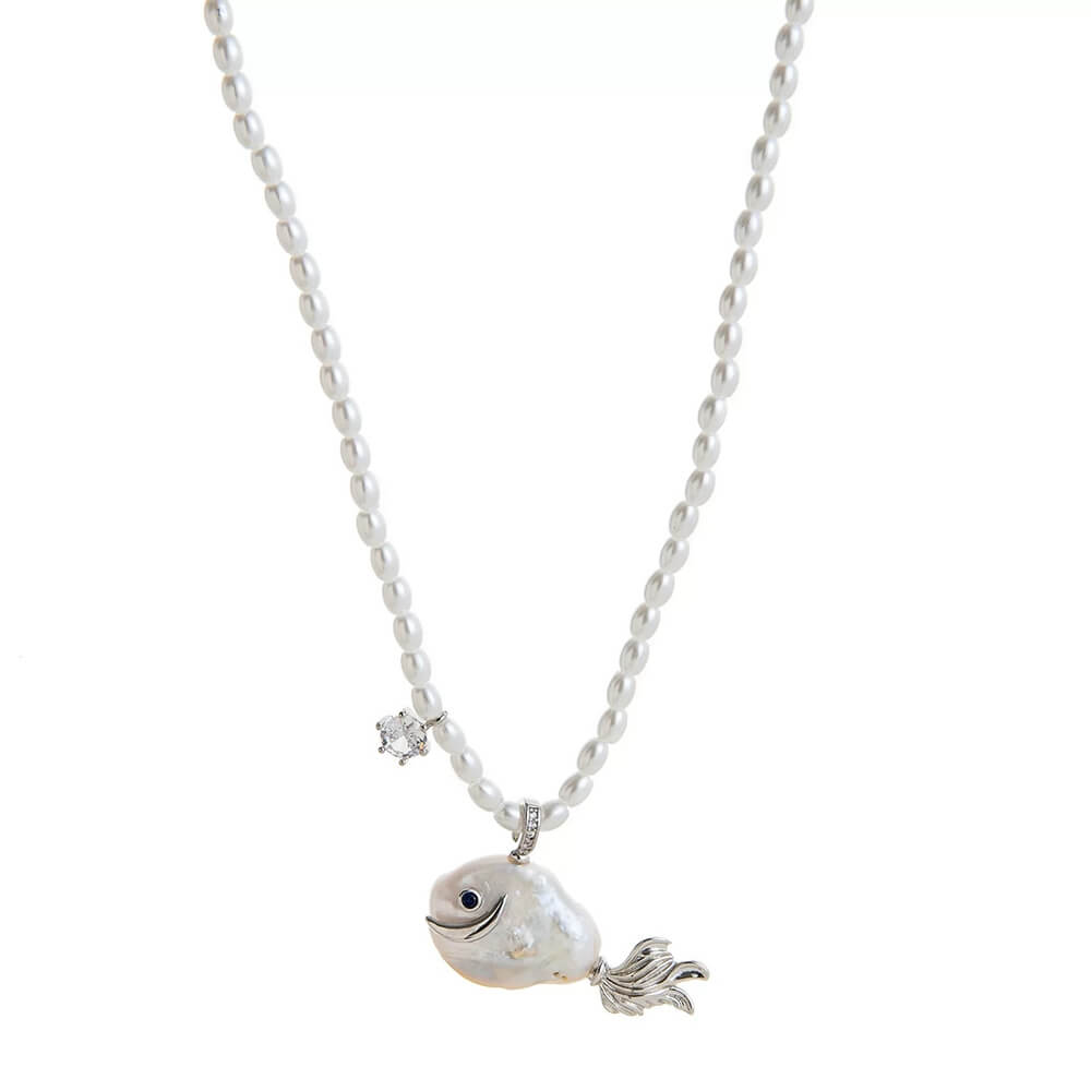 Coquette Pearl Fish Charm Necklace