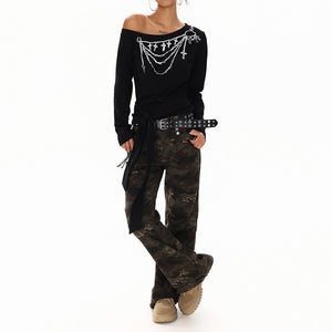 Cross Chain Print One-Shoulder Top