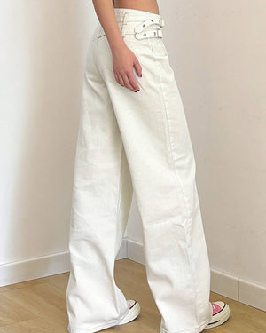 Double-Buckle Wide Leg Jeans