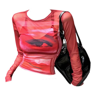 Eye & Lips Print Mesh Top in Red