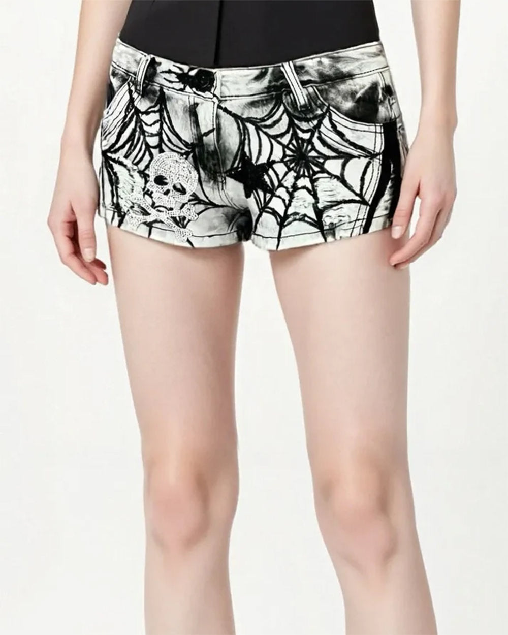 Grunge Spider Web Print Denim Shorts