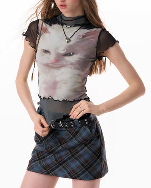 Moody Kitten Print Y2K Top