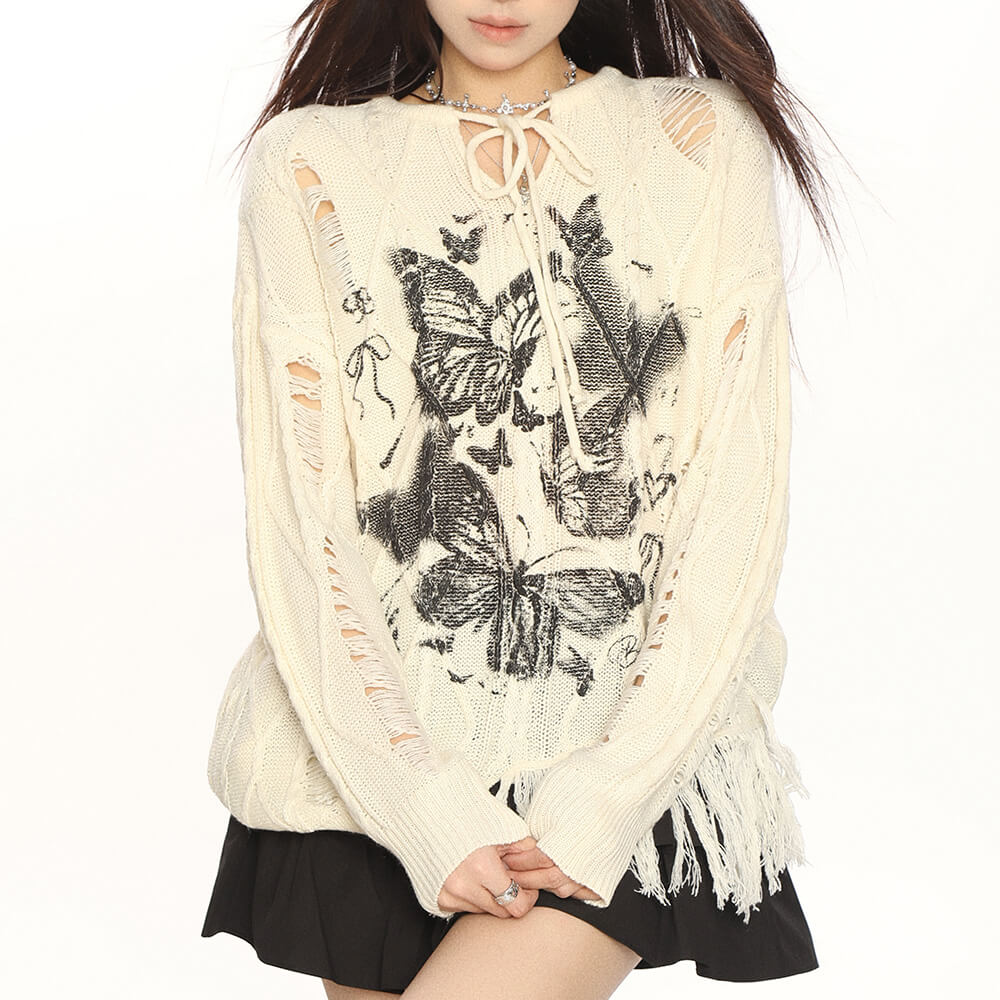 Oversized Ripped Sweater with Butterfly Print