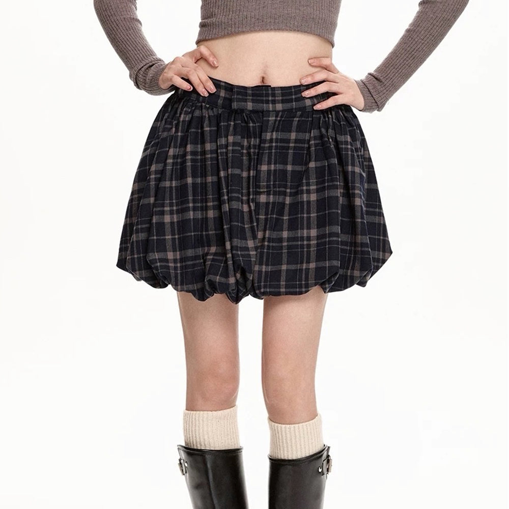 Preppy Plaid Balloon Mini Skirt