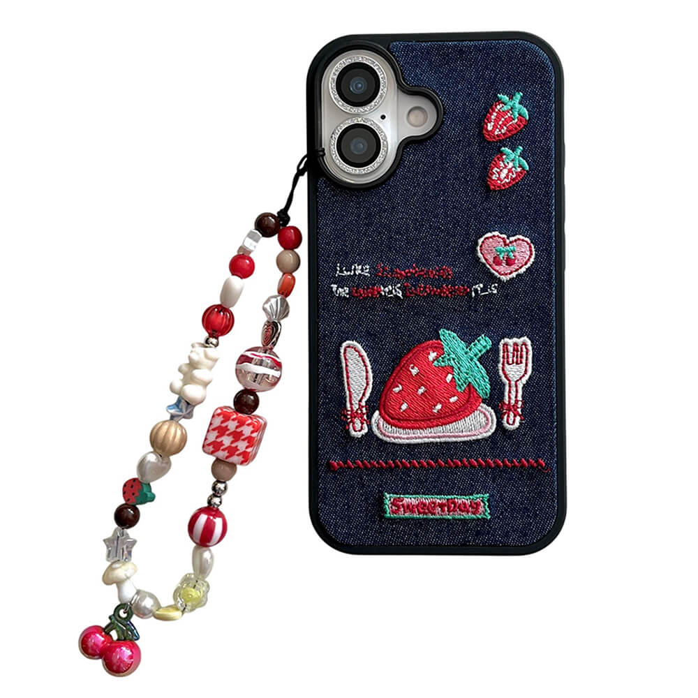 Strawberry Embroidery Denim iPhone Case
