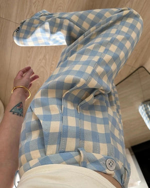 Wide-Leg Blue Gingham Trousers
