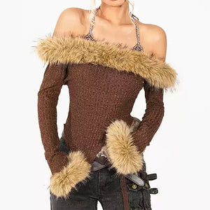 Y2K Fuzzy Off-Shoulder Top